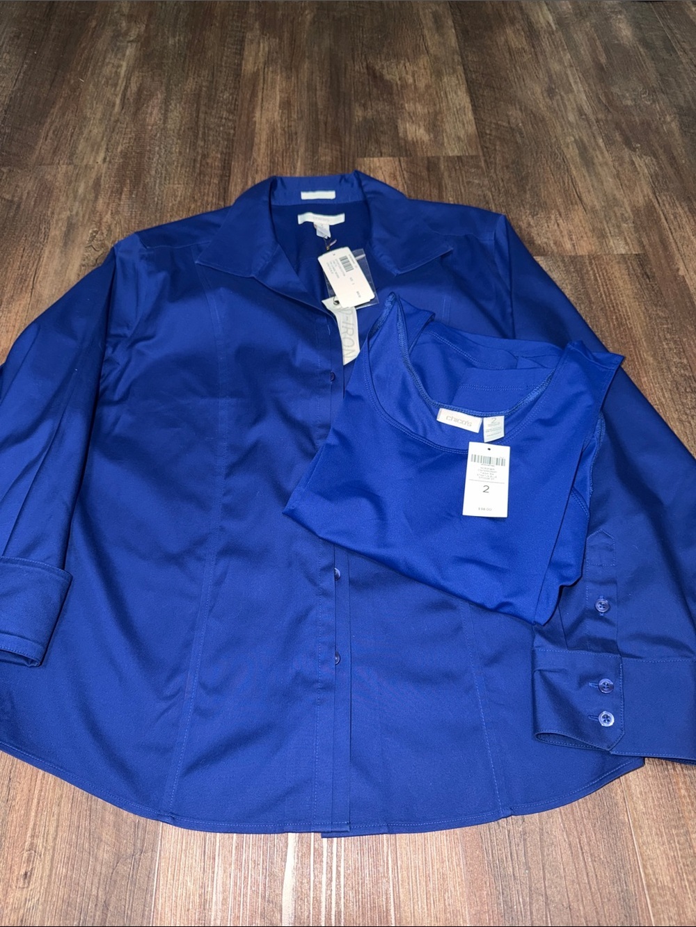 CHICO’S Lynette No Iron Shirt (3) & Microfiber Tank (2) Stratus Blue NWT